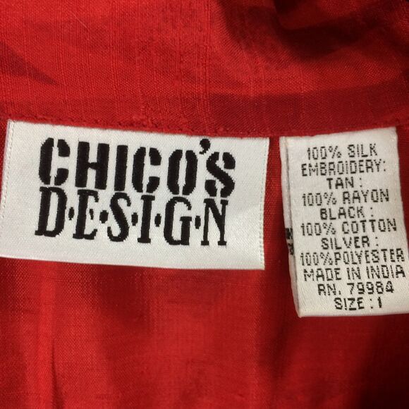 Vintage Y2K Chico's Design Red 100% Silk Embroidered Jacket Size 1 Button Front - Picture 4 of 4